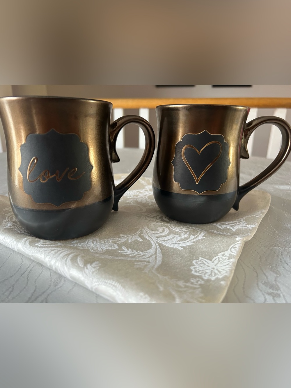 Bronze Metallic 'Love' & Heart Ceramic Mugs - Set of 2